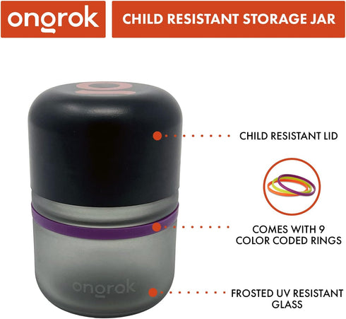 80ml, 6 Pack ONGROK Glass Storage Jar, | UV Herb/Spice Jar with ChildResistant Lid, ColorCoded Glass Containers