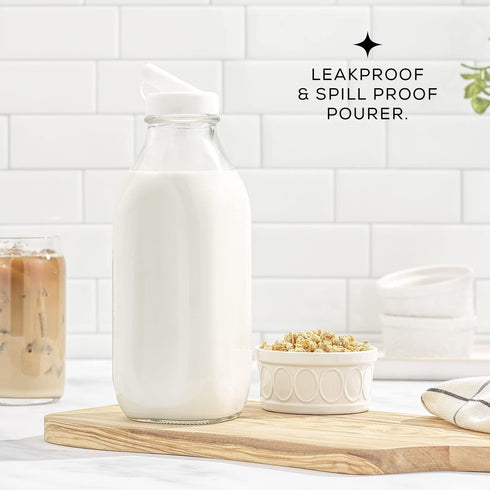 32 Oz, 3 Pack JoyJolt Glass Milk Bottles with Lids and Pourer Airtight Heavy Duty Reusable Glass Bottles, Leakproof
