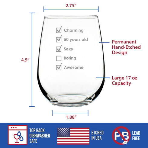 50th Birthday Checklist - Funny Stemless Wine Glass Gift for Men and Women Turning 50 - Large 17 Ounce
