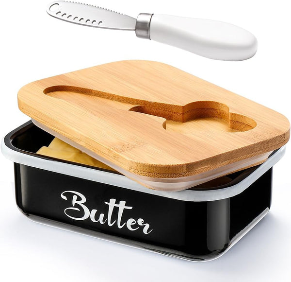 AISBUGUR Metal Butter Dish with Lid, Large Black Butter Keeper with Stainless Steel Knife, Kitchen Gift