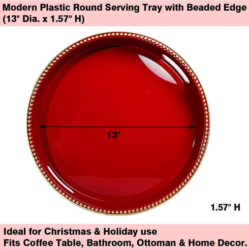 Counter, Room,(13") Red Decorative Tray for Coffee Table, Round Beaded Plastic Serving Tray forKitchen Ottoman, Living