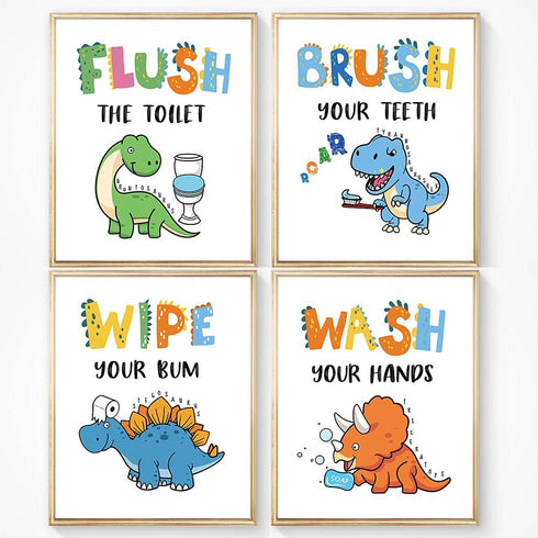 Dinosaur Bathroom Decor - Funny Themed Inspirational Quotes Art Print, Set of 4 (8”X10”), Unframed