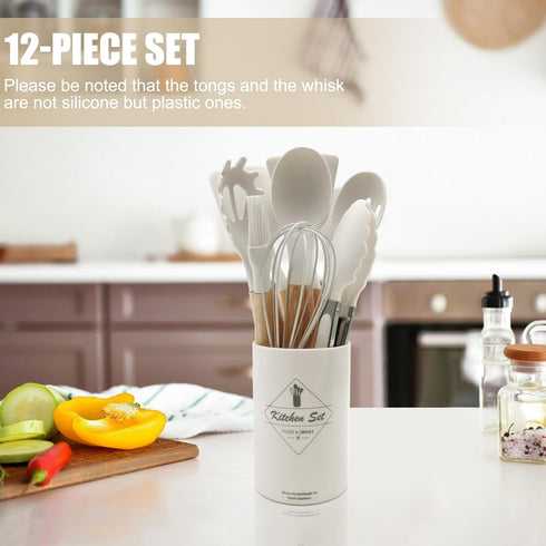 Kitchen Utensils Set of 12, Silicone Cooking Utensils with Wooden Handle and Organizer Bucket, Heat Resistant (Cream