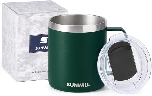 SUNWILL Insulated Travel Coffee Mug with Lid, 14 oz Stainless Steel Tumbler, Handle for Camping, Office, Outdoor,
