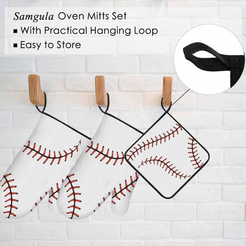 Baseball Stitches Oven Mitts and Pot Holders Set, Softball Laces Design Heat Resistant 3pcs for Baking