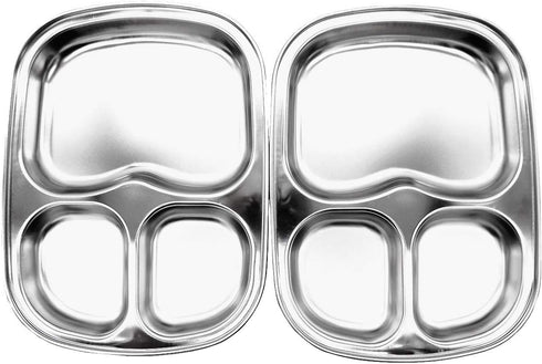 Korean Stainless Steel Divided Plates, Kids Tray, BPA Free 3 Compartment Plate, Set of 2 Silver