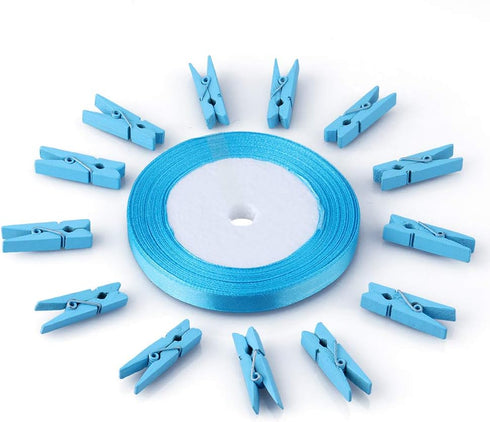 jijAcraft 100Pcs Clothespins with Ribbon, 1.4Inch Wooden Clothes Pins with 25Yds Blue Ribbon