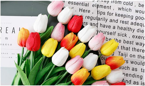 Artificial Tulips 10Pcs Real Touch Fake Tulips, PU Flower Arrangement Bouquets for Home Decoration (Yellow)