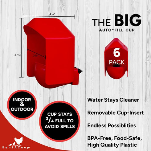 6 Pack RentACoop DIY Waterer Kit - Auto-Fill Big Cups with Inserts - Great for Chickens, Ducks, Geese, and Turkeys