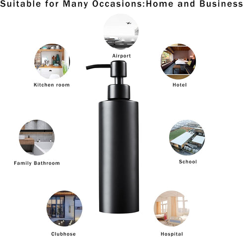 Soap Dispenser - Matte Black with Funnel and Non-Slip Coaster, 304 Stainless Steel Pump for Bathroom and Kitchen (12oz)