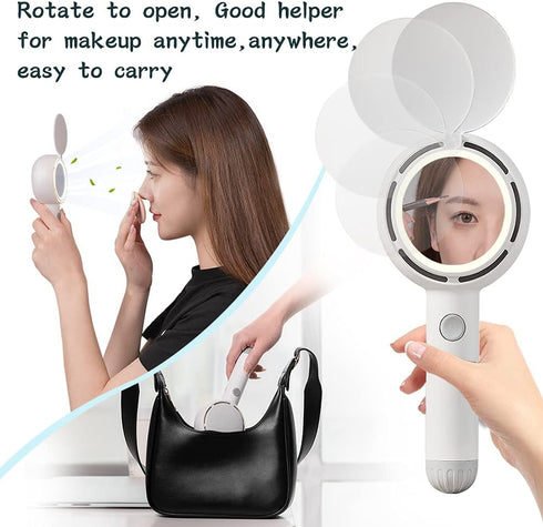 Star Compass Mini Handheld Fan, Battery Operated Rechargeable Portable Fan with LED Light Makeup Mirror, Bladeless