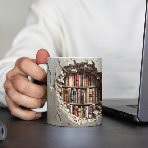 Mug(11oz), Library Bookshelf Mug, Cool Bookish Ceramic Coffee Mug, Book Lovers Gifts for Readers, Creative Book Club