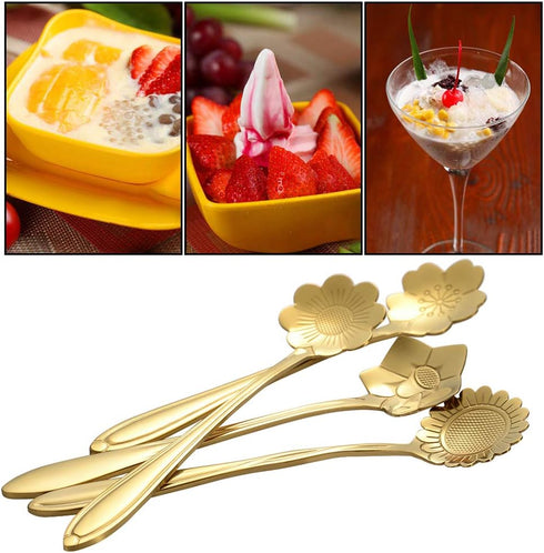 AnSaw 8 Piece Flower Scoop Set - Stainless Steel Reusable Tea Scoops for Tea Parties, Gold