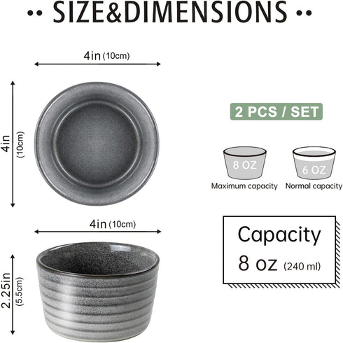 UNICASA Ramekin Set of 2, 8 oz Oven Safe Baking Set for Custard, Pudding, Souffle Cups in Reactive Gray