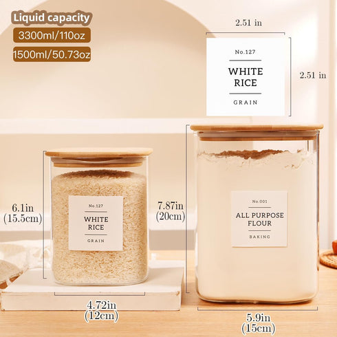 2 Pack 132 110 floz 51 floz large Square Glass Flour and Sugar Containers with Kitchen Pantry Labels - & - Glass Jars