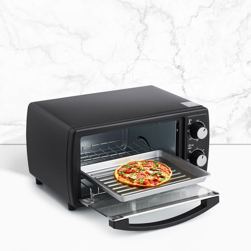 Holstein Housewares 4 Slice Countertop Toaster Oven with 60 Minute Timer, Compact Design in Sleek Black.