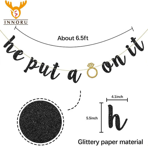 He Put A Ring On It Banner, Black Glitter Engagement Party Decoration Sign for Wedding & Bridal Showers