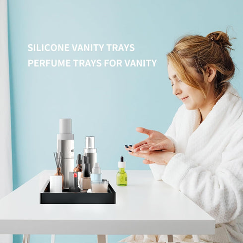 BBK Bathroom Vanity Tray- 2 Pack (7.8" and 11.8") Silicone Bathroom Tray for Counter, Perfume Key Trinket Ring Tray, Decor Soap Dispenser Countertop Tray for Kitchen Sink Organization.(Black)