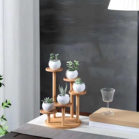 SRTFINE 5 Tiered Desk Plant Stand Round Bamboo Plant Shelf Tabletop Succulent Herb Stand Desktop Plant Stand Indoor