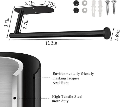 Paper Towel Holder, Under Cabinet Self Adhesive Kitchen Countertop Wall Mount Holder with Screws, Black