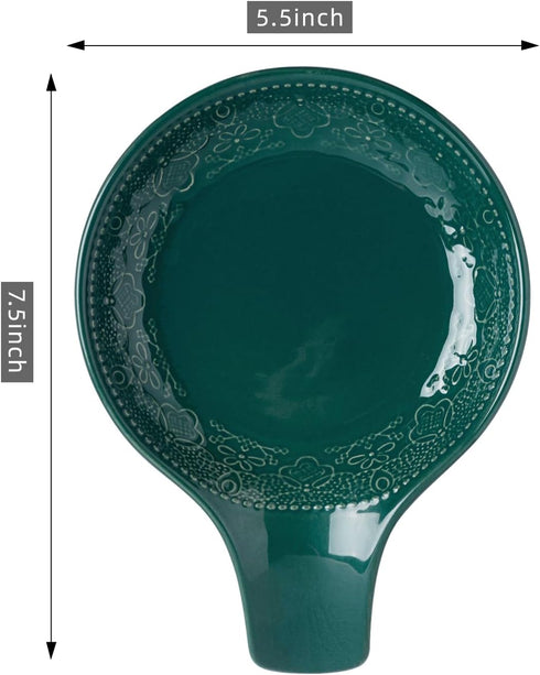 FE FUN ELEME Ceramic Spoon Rest for Kitchen Countertop, Large Lace Embossed Spoon Holder, 5.5inch Utensil Tray (Greener)