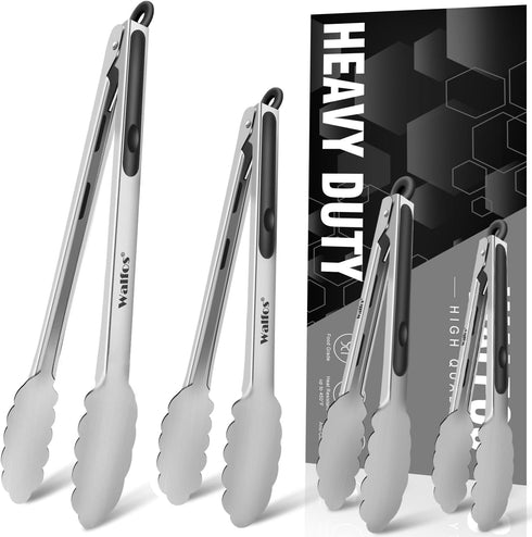 Walfos Stainless Steel Kitchen Tongs for Cooking - Set of 4 Heavy Duty Locking Metal Food Tongs, Non-Slip Grip