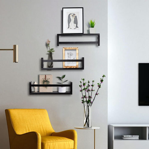 16 Inch Set 3 AZSKY Black Nursery Shelves of Wooden Floating Wall Bookshelf for Kids Nursery Shelves for Wall,Bathroom