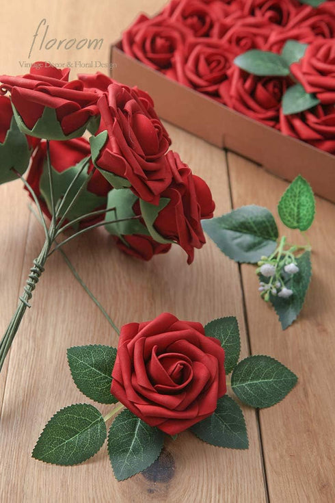 Floroom 25pcs Artificial Flowers Dark Red Foam Fake Roses with Stems for DIY Wedding Bouquets, Party Decorations