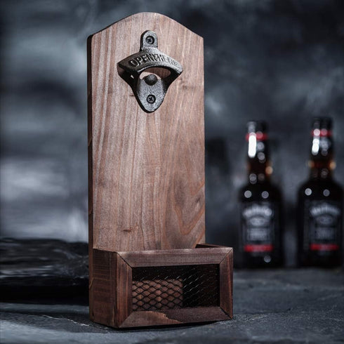 Vintage Wooden Wall Mounted Bottle Opener with Cap Collector Catcher, Ideal Gift for Beer Lovers