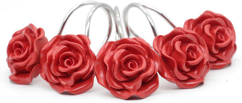 BEAVO Shower Curtain Hooks, Decorative Rustproof Resin Rose Flower Shower Hooks, Set of 12 (Red)