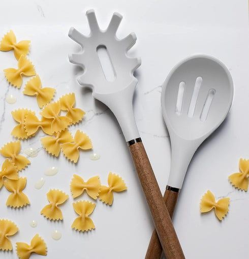 Country Kitchen 8 pc Non Stick Silicone Utensil Set, Rounded Wood Handles for Cooking and Baking - White