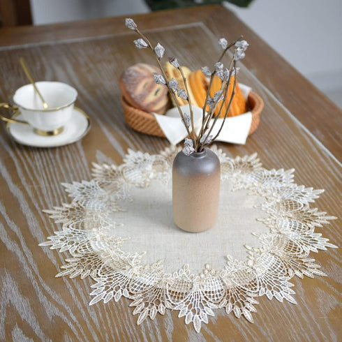 15 Inch ARTABLE Grey Lace Doily Linen Table Topper Scarf Placemat Round Small Coffee Farmhouse Table Cover Rustic