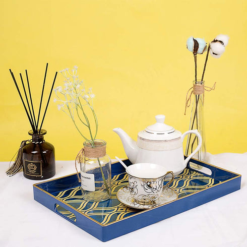 15.7" 10.2" 1.57" MAONAME Blue Decorative Tray with Handles, Plastic Serving Tray for Coffee Table, Marbling