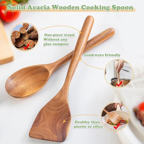 Wooden Cooking Spoon Utensils, 2pcs Set for Kitchen Cooking, Nonstick Cookware Spatulas