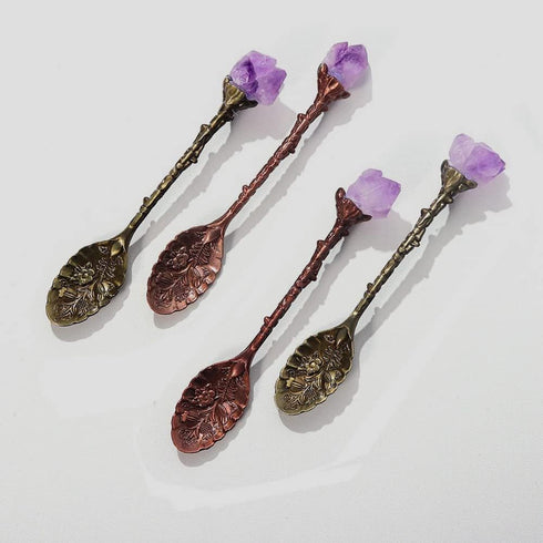 2pcs Retro Crystal Antique Spoon, Amethyst Crystal Alloy Mini Coffee Tea Spoons for Home Office Ice Cream