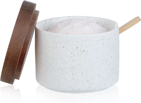 Omifun Ceramic Salt Cellar with Lid and Wooden Spoon, 8 Oz Speckled Salt