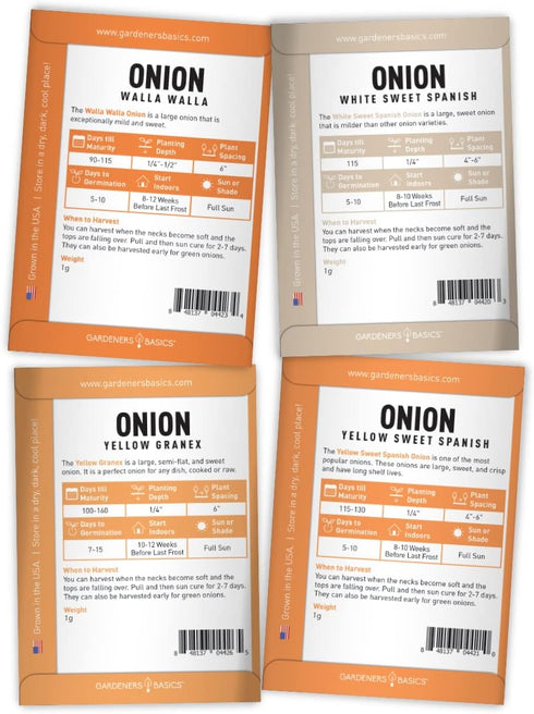 8 Summer, Gardeners Basics, Onion Seeds for Planting - Long and Short Day Varieties Yellow, Red, White, Sweet and Green