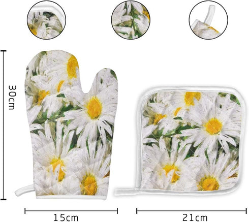 Set of Oven Mitt and Pot Holder, Spring Daisy Flower Kitchen Mittens, Heat Resistant Non-Slip Surface for Cooking