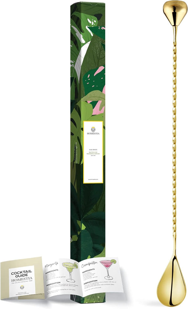 Homestia 12 Inch Bar Spoon, Cocktail Mixing Stirrers, 304 Stainless Steel, Gold, Bottom Weighted Solid Muddler