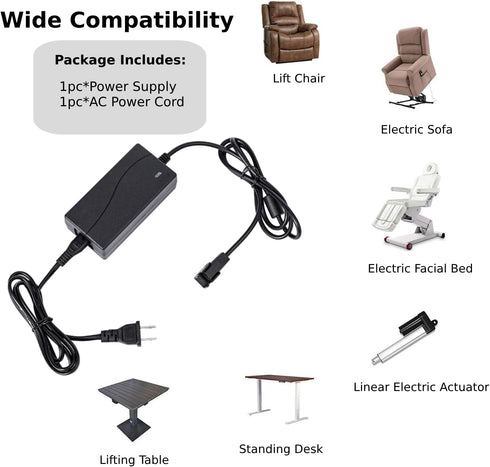 Universal Power Recliner Power Supply Adapter, 29V 2A 2 Pin AC/DC for Electric Recliner, Couch, Lift Chair