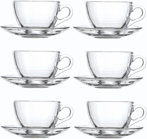 Glass Teacup and Saucer Set, 6 Pack Coffee Mug with Stainless Steel