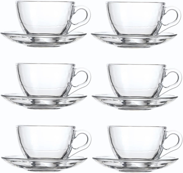 Glass Teacup and Saucer Set, 6 Pack Coffee Mug with Stainless Steel