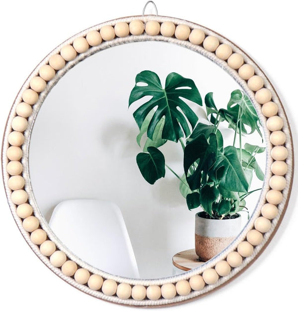 Poeme Boho Wall Mounted Circle Mirror, Wooden Round Wall Decor for Bathroom Living
