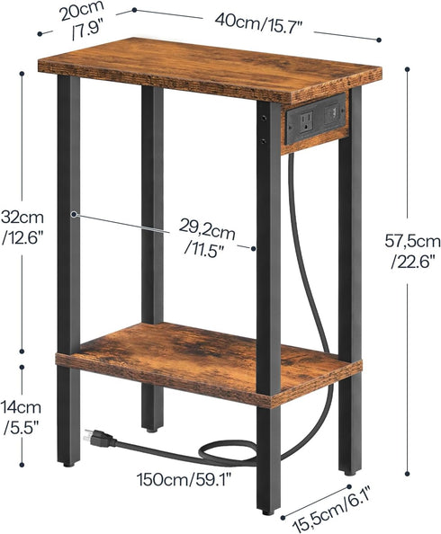 2-Tier BF240UBZ01 HOOBRO Narrow Side Table, Slim End Table with Charging Station, Skinny Nightstand with Open Storage