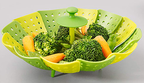 Lotus Folding Steamer Basket - BPA-Free Green Kitchenware Accessory, Non-Scratch Silicone Cookware