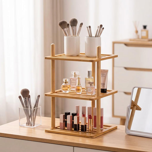 2Pcs 3-Tier Counter, Countertop (2, 3Tier-Large-6.7"H) Cabinet Organizer Shelf - Bamboo Corner Rack for Kitchen Cabinet
