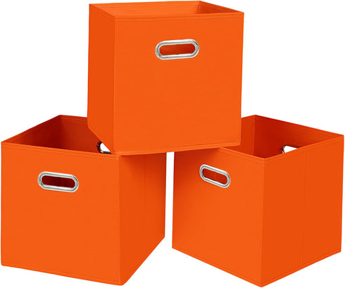 Set of 3 Fabric Cubby Storage Bins, 13x13x13 Inches, Foldable Organizer Bins with Dual Handles, Orange