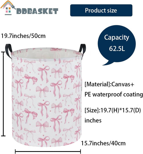 DDBASKET Girls Laundry Basket Pink Hamper for Nursery Bowkont Hamper Cute Kids Storage Bin Organizer Room Decor