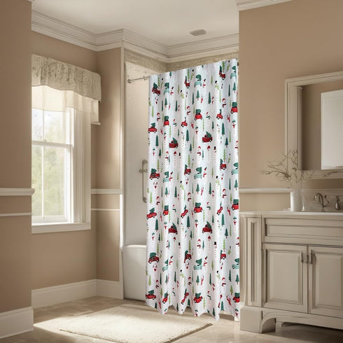Shower Curtain Polyester, Christmas Red Truck Car Print with Trees, 70 x 70 Inch