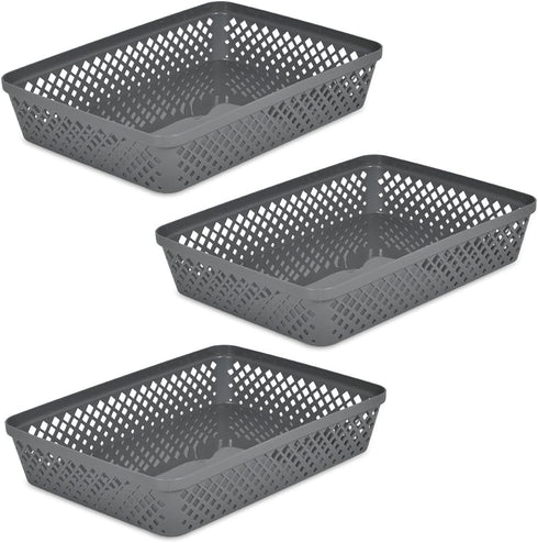 Glad Plastic Storage Basket Set - 3 Pack Large Organizers for Kitchen Pantry, Bathroom, and Drawer Trays, Grey